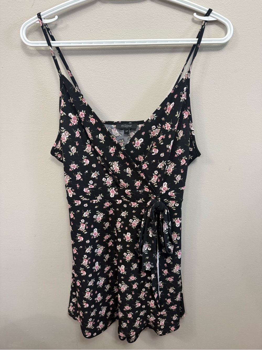 Eclipse Black Floral Wrap Romper with Pink Rose Print Small